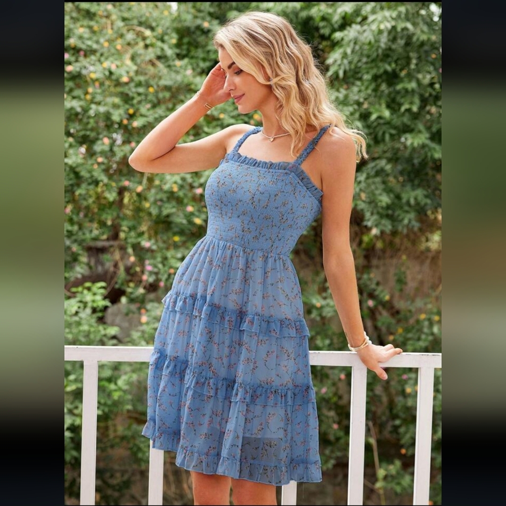 Blue Floral Ruffle Dress